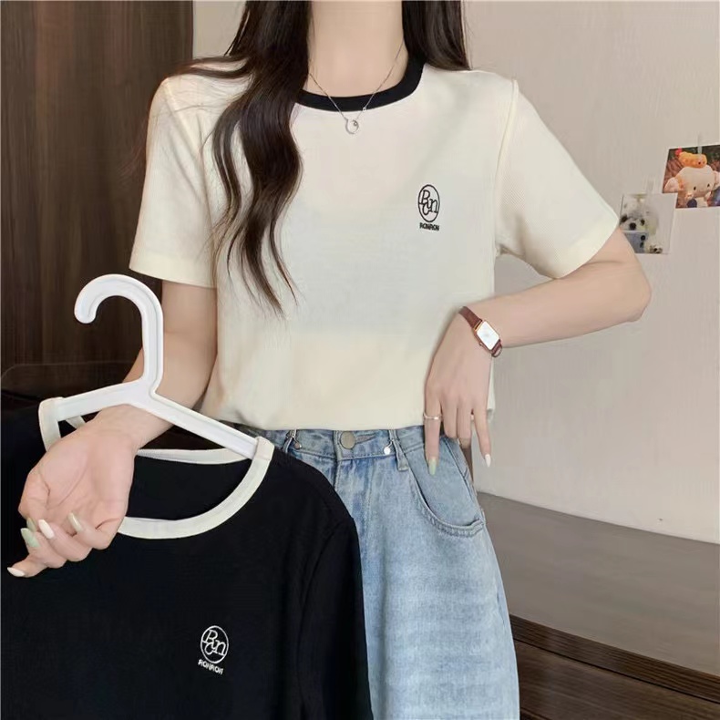 Real photo of fine waffle super hot contrast T-shirt short-sleeved women