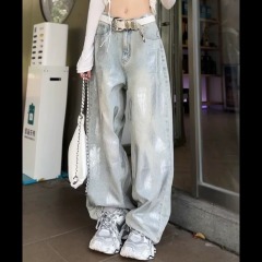 2025 summer new style silver wide-leg jeans high street hot girl design draped straight MM floor pants
