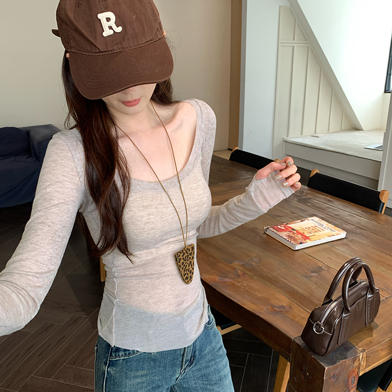 Real photo simple white big U-neck long-sleeved T-shirt for women in spring and summer Korean style inner bottom blouse top