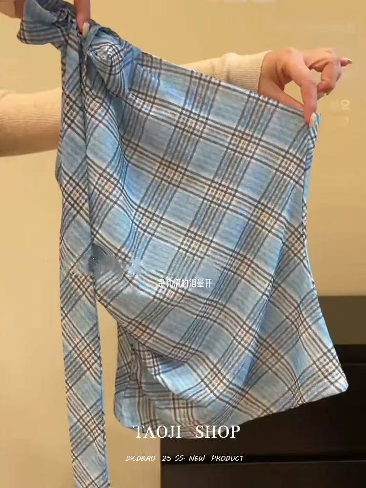 非實拍 復古格紋掛脖吊帶女設計感修身打底背心辣妹無袖上衣