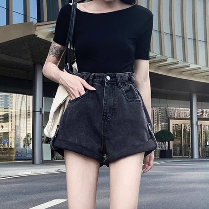 Gray curled denim shorts in summer new high-waist loose hips to make you look slim Korean version of versatile A-line wide-leg hot pants