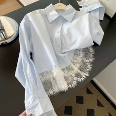 French-style lace-trimmed hem long-sleeved women's spring and summer new polo collar blouses short-sleeve tops