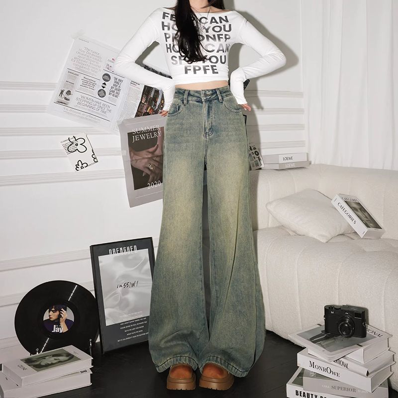 High-waisted old wide-leg jeans for women in spring and autumn new style retro nostalgic loose hips to make them look thin and draped straight pants