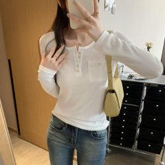 Real photo half-open collar design niche white long-sleeved base shirt for women's spring new style loose T-shirt