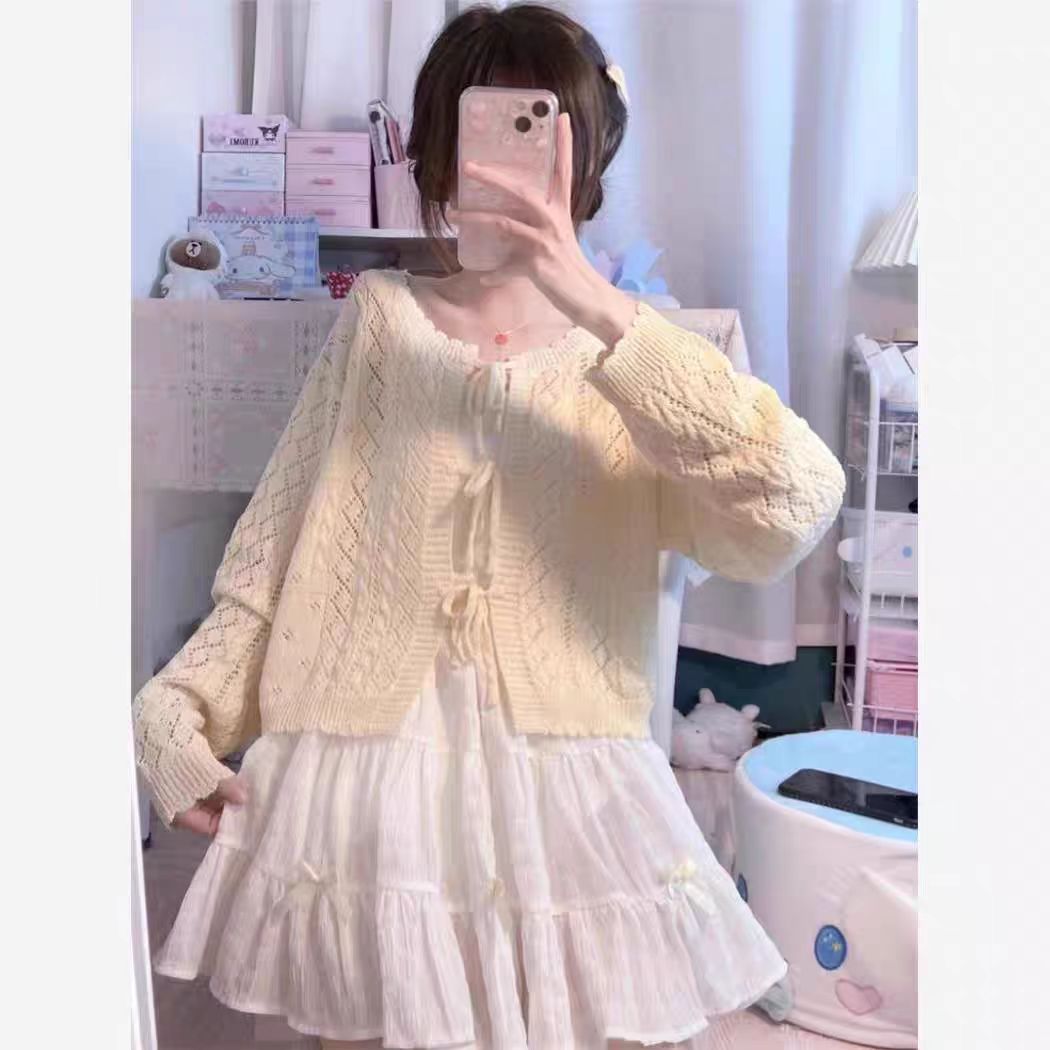 Knitted cardigan for women hollow lace summer ice silk sun protection short white thin shawl jacket with suspender blouse