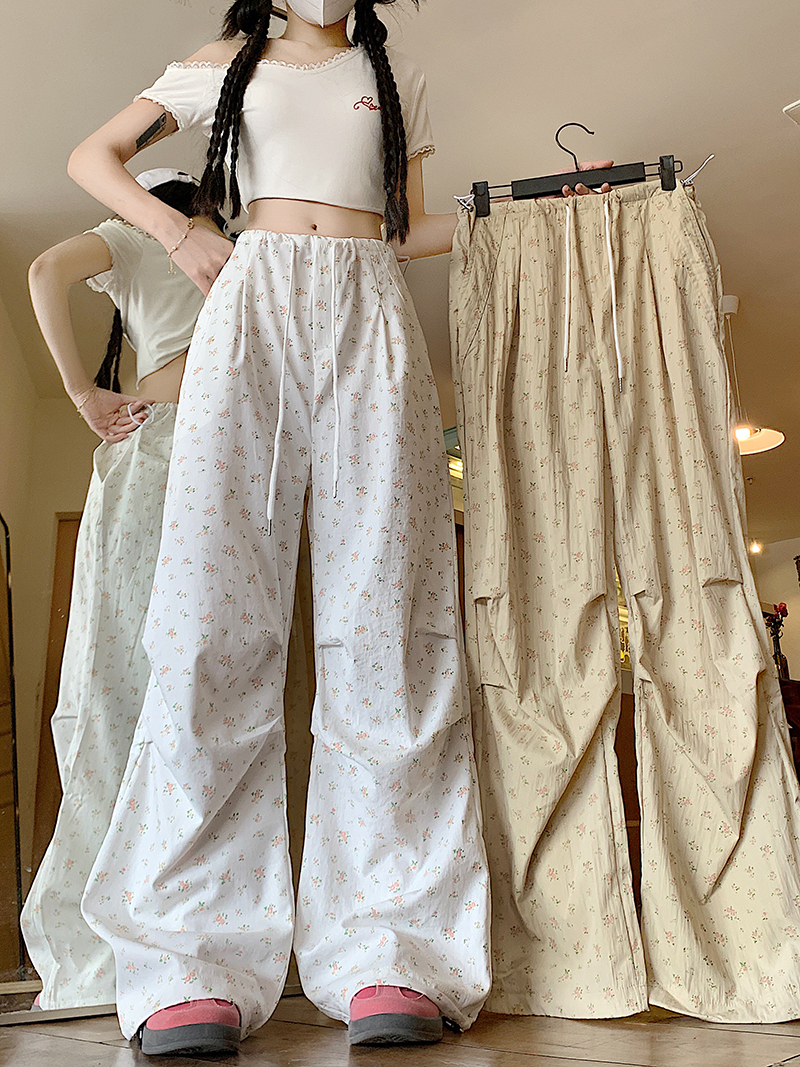 Real photos Korean floral work pants in summer new high-waist loose casual wide-leg pants American versatile sports pants