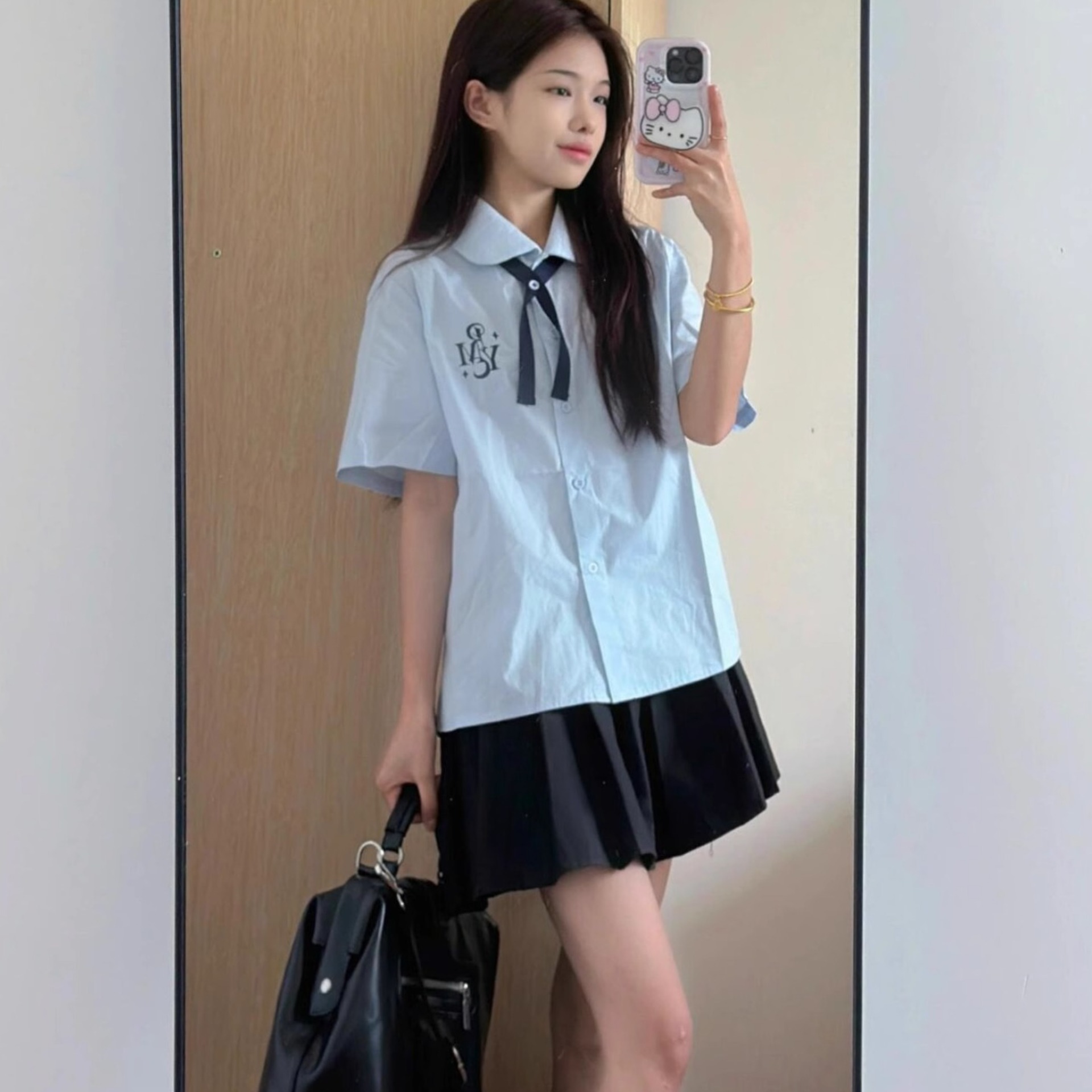 學院風泰式JK制服藍色短袖襯衫女2025夏季新款設計甜美風短款上衣