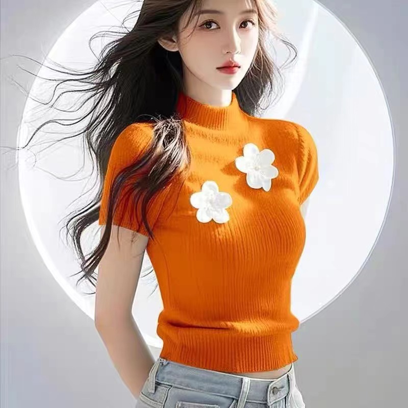 Three-dimensional flower half-high neck short-sleeved sweater for women in summer super beautiful unique and beautiful top slim base