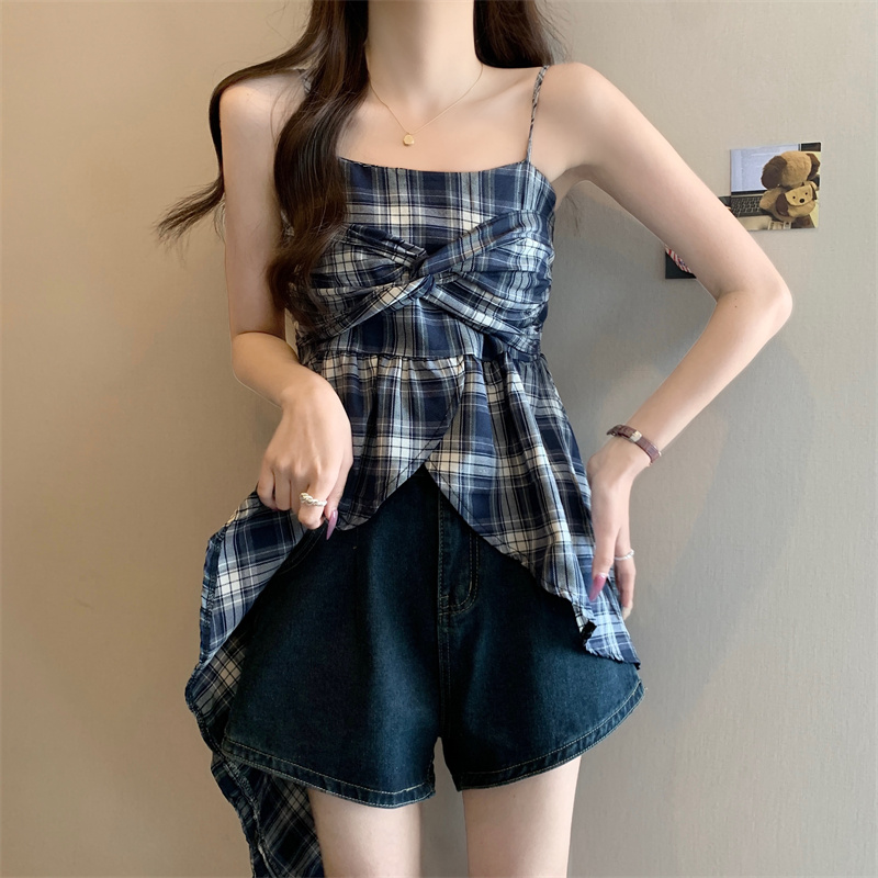 實拍 甜辣妹不規則格紋吊帶背心女夏季無袖修身收腰格子上衣