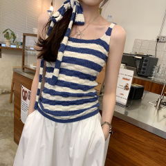 Real photos of beautiful neck ribbon blue striped sleeveless knitted suspender vest for women in summer wear new top