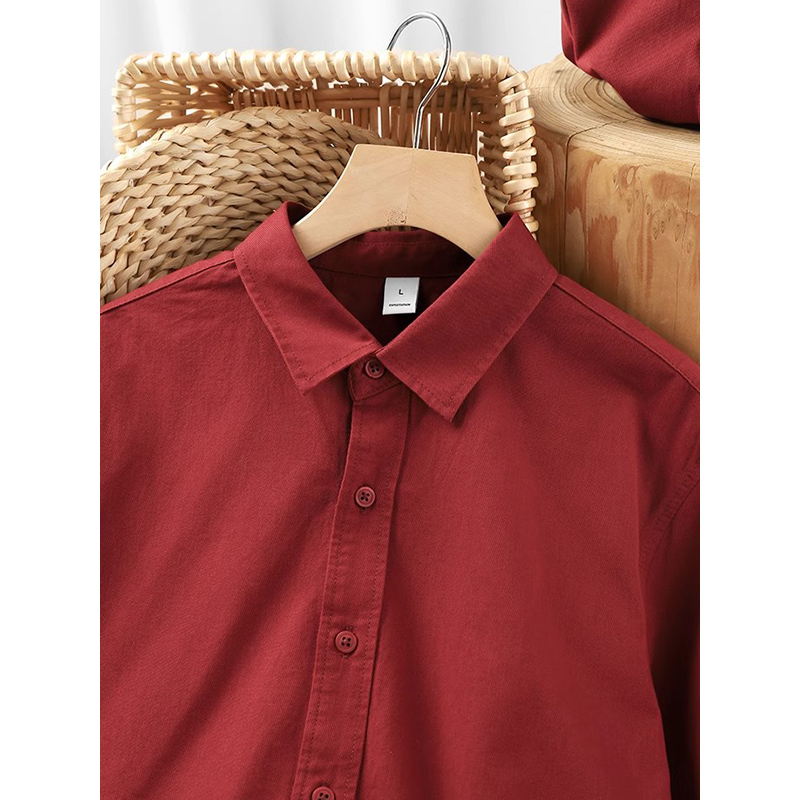 Pure cotton retro red POLO neck commuter long sleeve shirt simple Hong Kong flavor spring and autumn solid color loose top coat for women