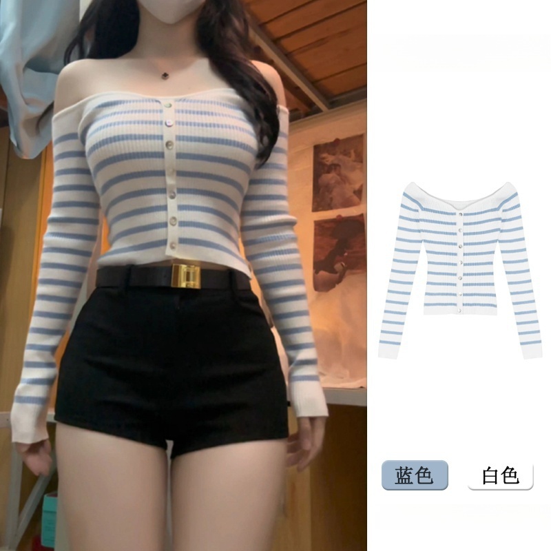 Pure desire style one-shoulder striped sweater for women in spring design slim fit inner bottom shirt off-shoulder short top