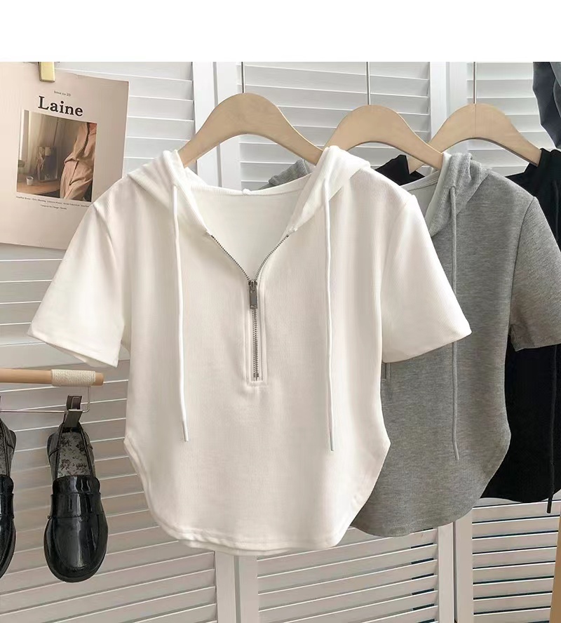 Official picture cotton ribbed hooded zipper short sleeve T-shirt short top for women