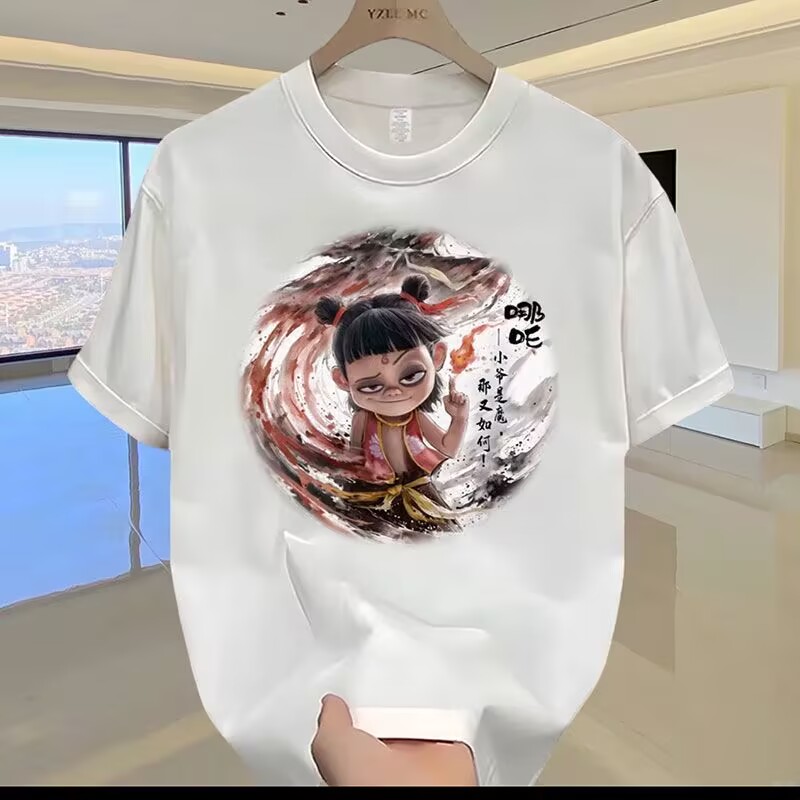Summer round neck short-sleeved national trend personality versatile loose casual trend Nezha women's printed T-shirt