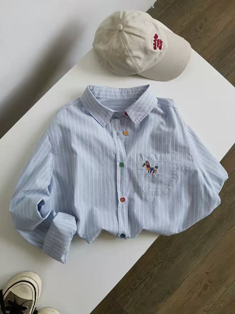 Pure cotton early spring Korean college style blue striped shirt for women loose slim embroidered long-sleeved top fashionable shirt