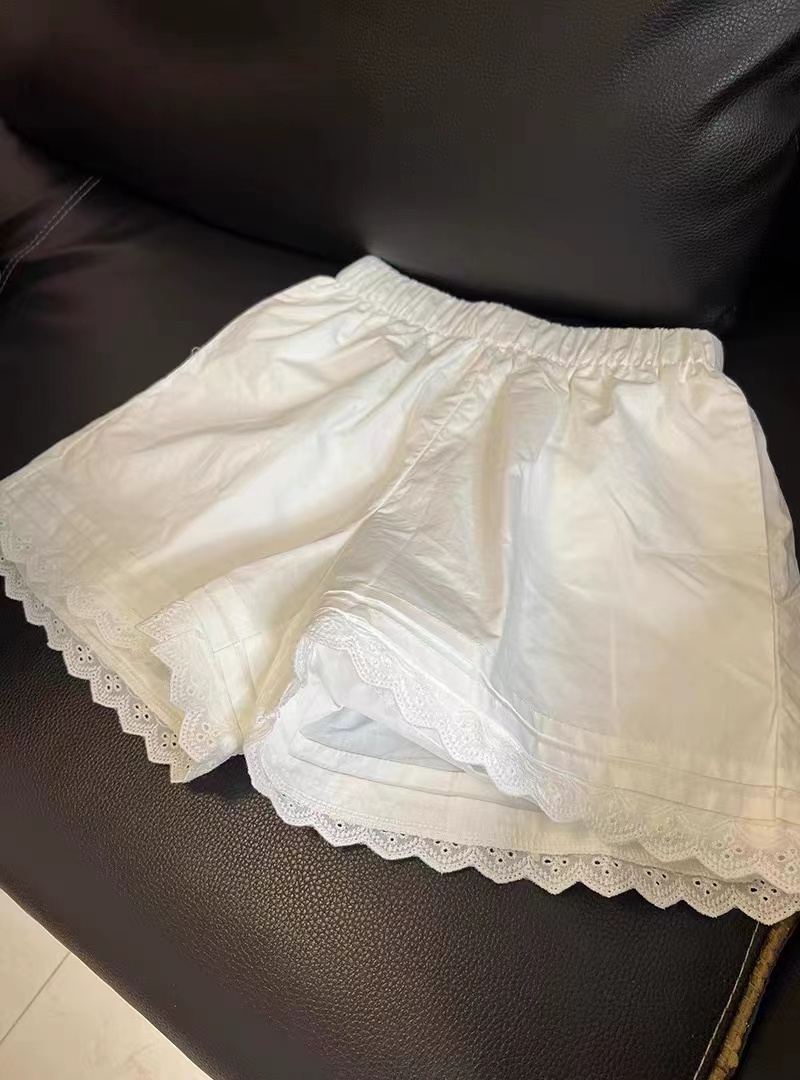 Korean lace lace casual pants for women in summer, versatile slim and elastic waist loose gray wide-leg pants sports shorts