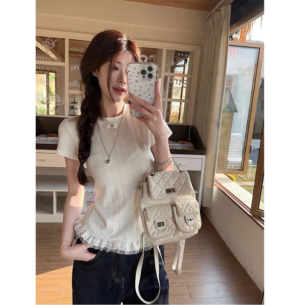 Pure cotton jacquard Korean sweet lace spliced ​​short-sleeved T-shirt for women with slim and gentle top