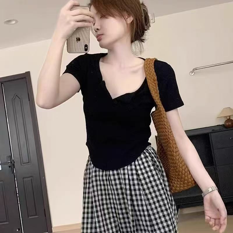 White front shoulder short-sleeved T-shirt for women 2025 new summer low-neck collarbone slim high waist small short top