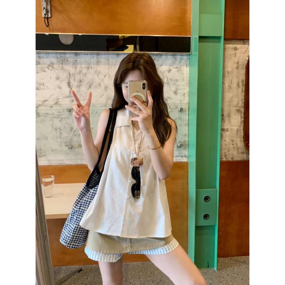 Korean chic summer new V-neck white sleeveless halter shirt loose versatile simple design top trendy