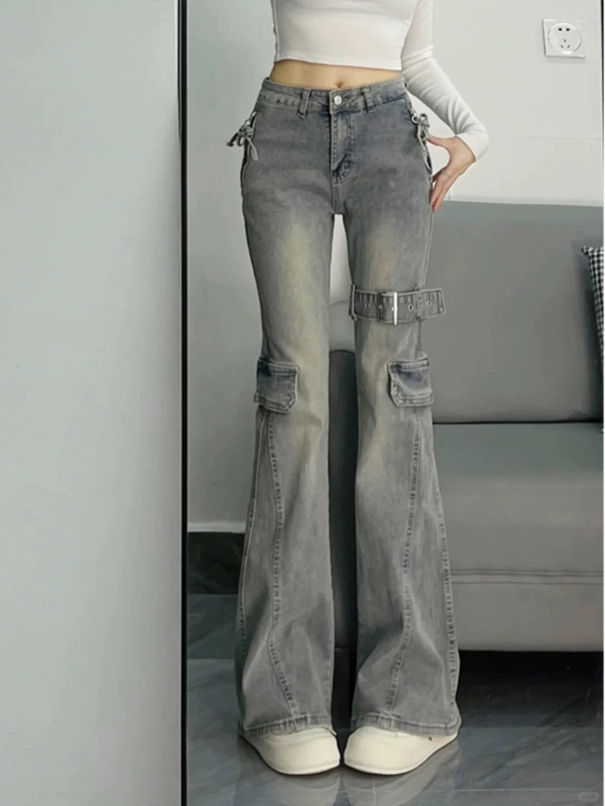 2025 summer new retro heavy industry belt splicing design micro-flare jeans for women slim fit and slim horseshoe pants