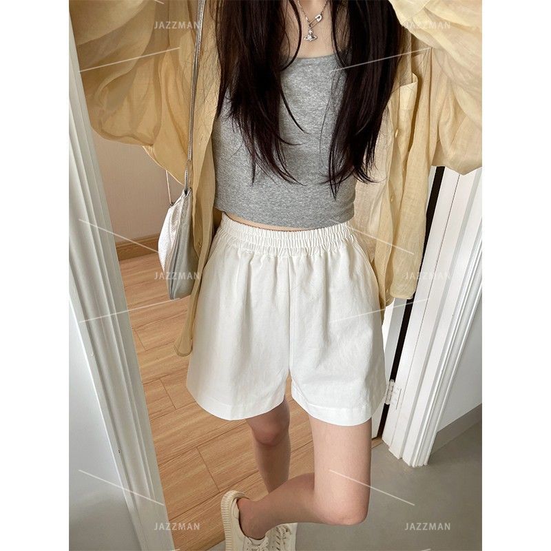 Washed cotton work shorts for women in summer thin style simple loose slim casual sports pants A-line wide-leg pants