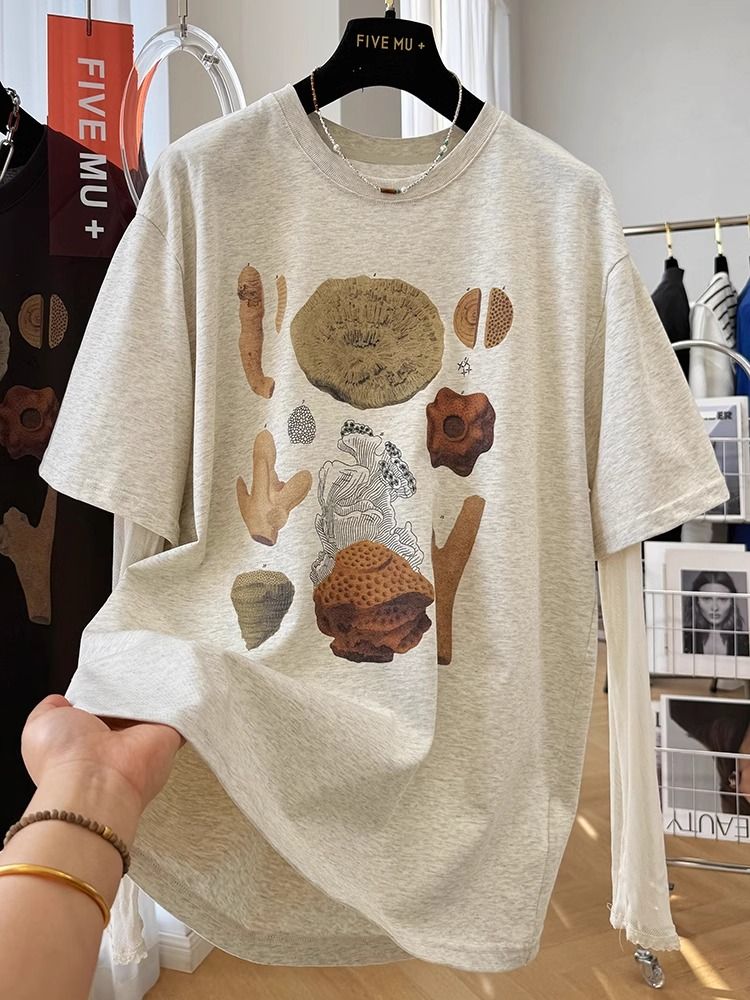 Print + 21 super cool cotton 220 grams extra large size 240 catties mesh fake two-piece short-sleeved T-shirt