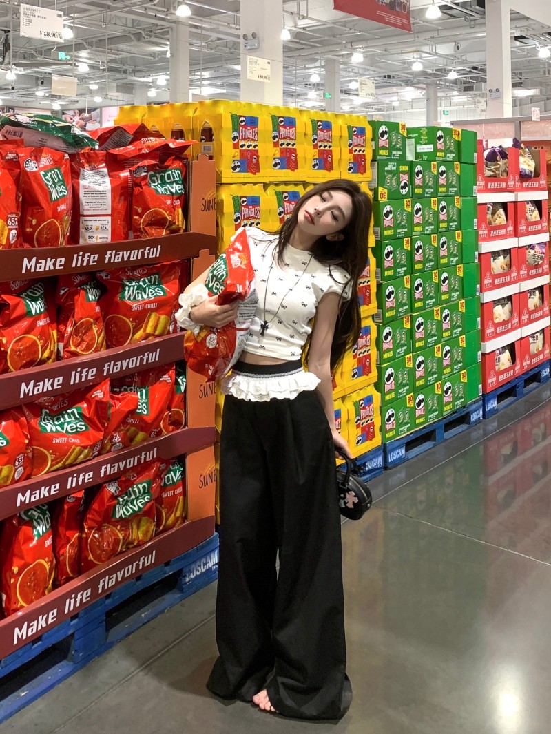 Real shot!  !  Hot girl lace spliced ​​high-waisted black straight-leg pants casual pants