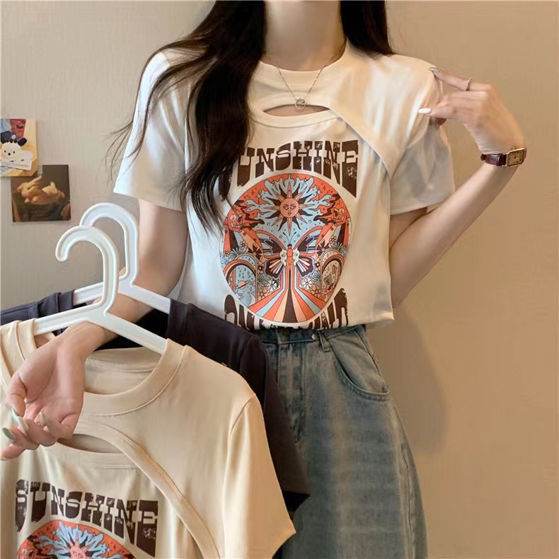 Real shot of pure cotton ribbed hollow short-sleeved T-shirt for women