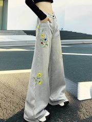 Retro flower embroidered jeans spring new style this year's popular casual loose straight wide-leg pants