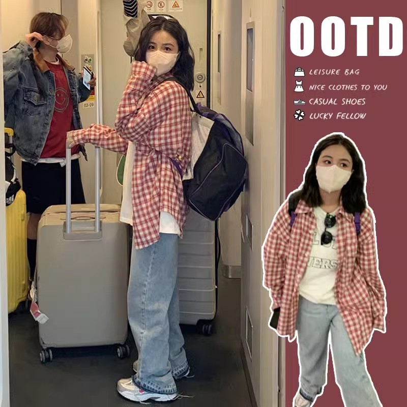 Retro red plaid shirt top for women's spring new loose shirt sun protection jacket thin