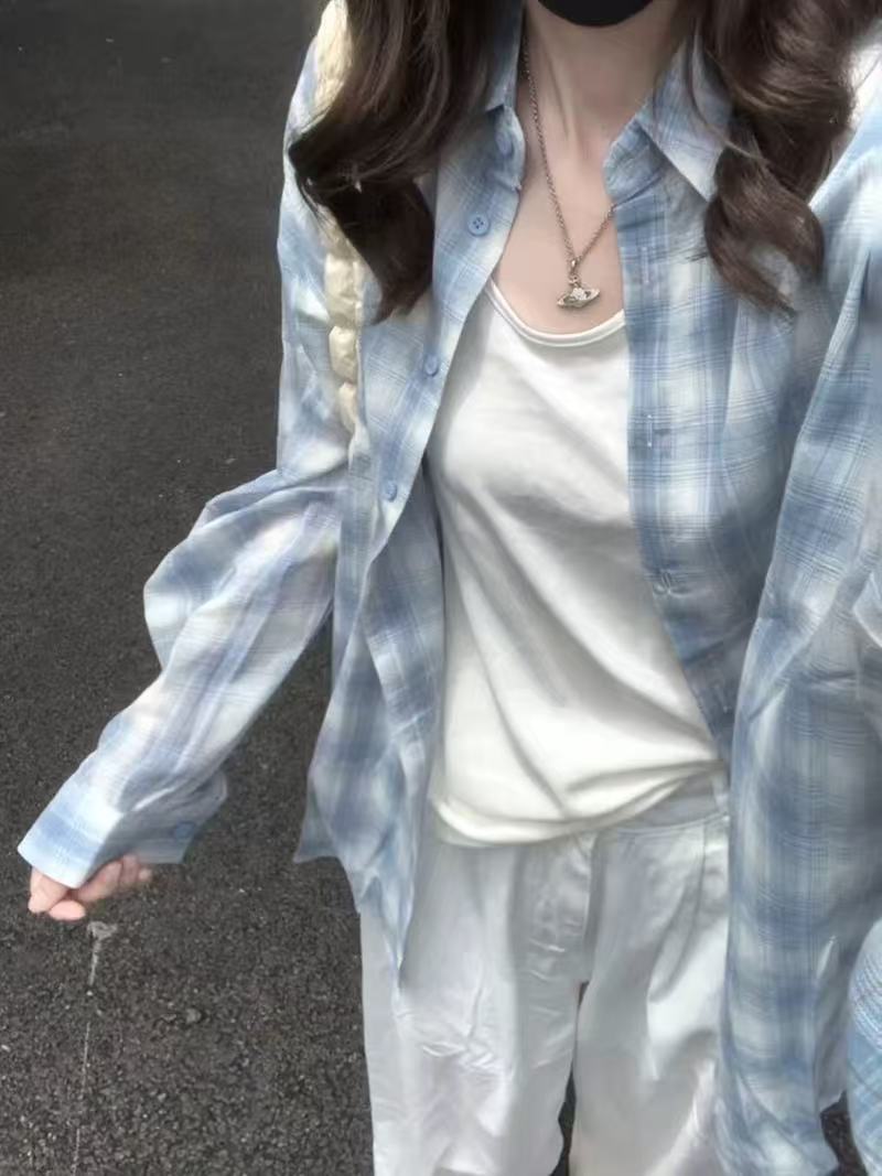 非實拍 格子韓系防曬襯衫女春夏新款寬鬆長袖襯衣設計感上衣