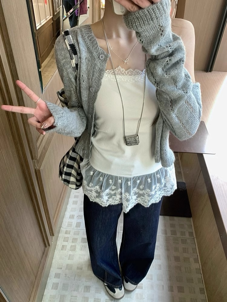甜美拼接蕾絲吊帶內搭女韓版修身顯瘦通勤百搭圓領打底上衣春