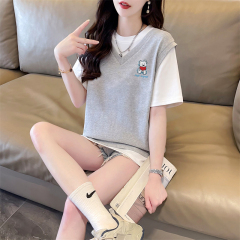 首發實拍220g純棉假兩件短袖T恤女夏新款寬鬆上衣潮牌質量