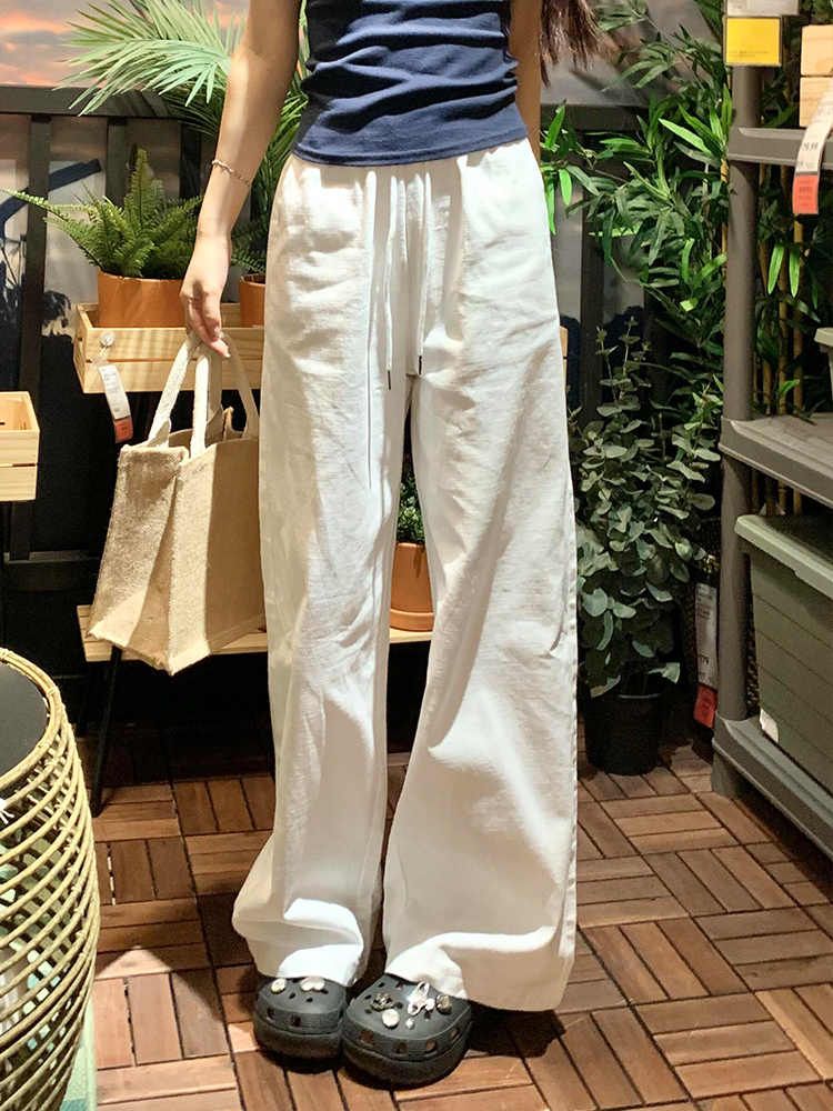 White wide-leg pants for women in spring and autumn 2025 new loose straight denim cotton linen small summer floor-moving casual pants