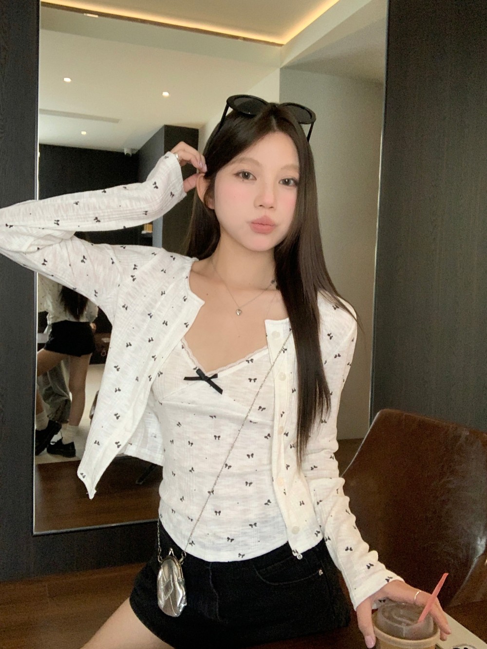 Real photo of bm floral knitted two-piece set bow suspender cardigan Korean top for women