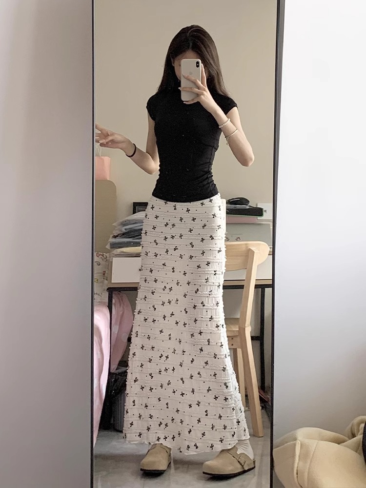 Korean chic American hot girl with black ears bow printed lace floral hip fish tail skirt long skirt women