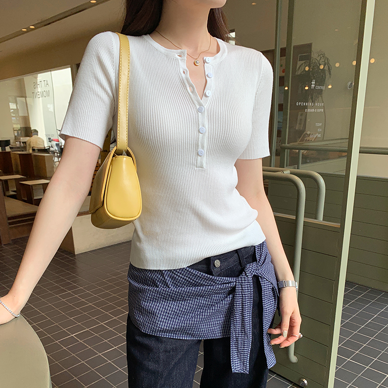 Real photo Korean early spring half-open collar short-sleeved sweater for women 2025 new beautiful unique and beautiful top