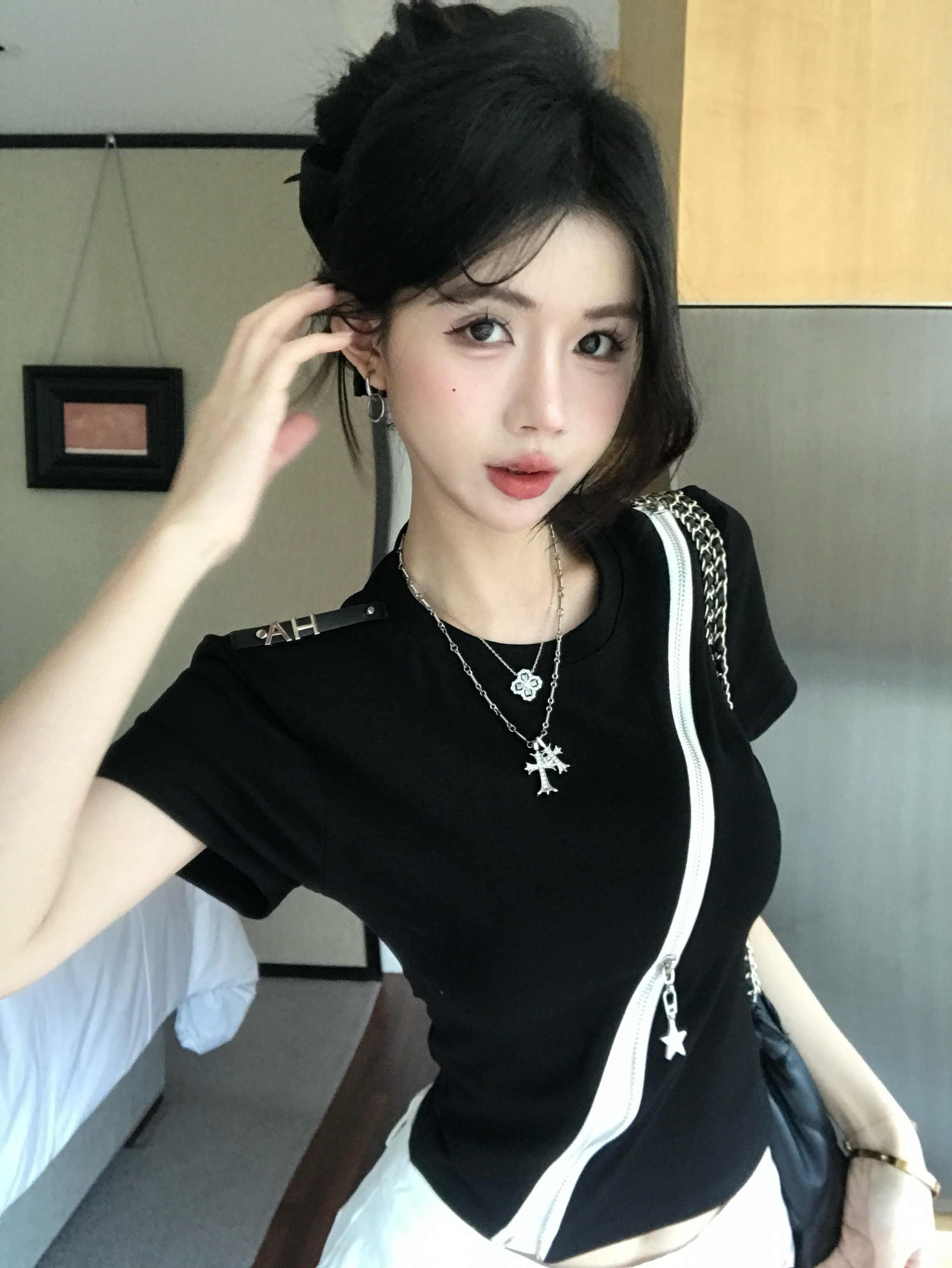 實拍~不規則拉鏈正肩短袖t恤美式辣妹短款墊肩小個子獨特上衣