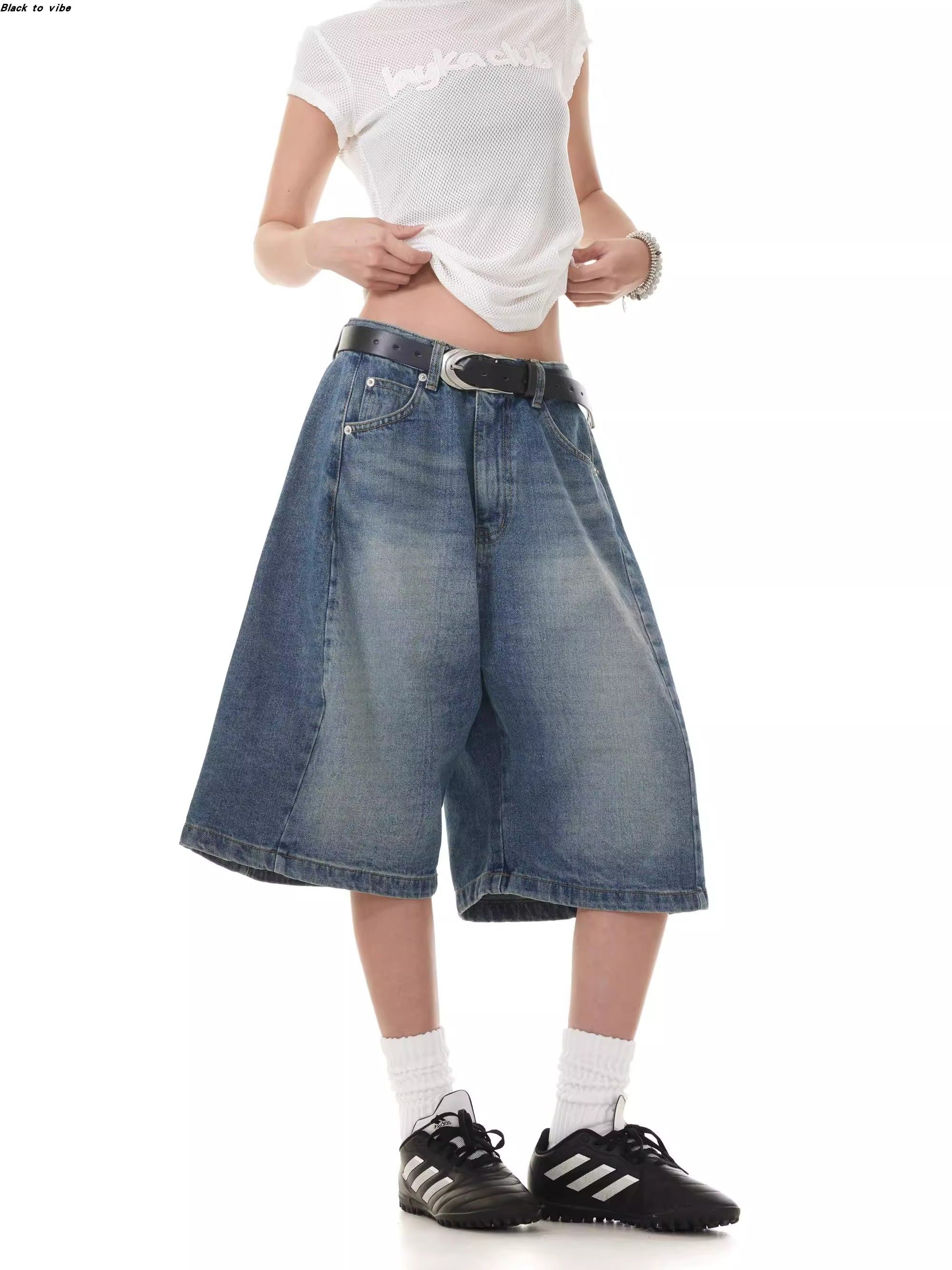 Same style denim mid-trousers American retro wide-leg daily casual cropped pants men and women summer loose straight shorts