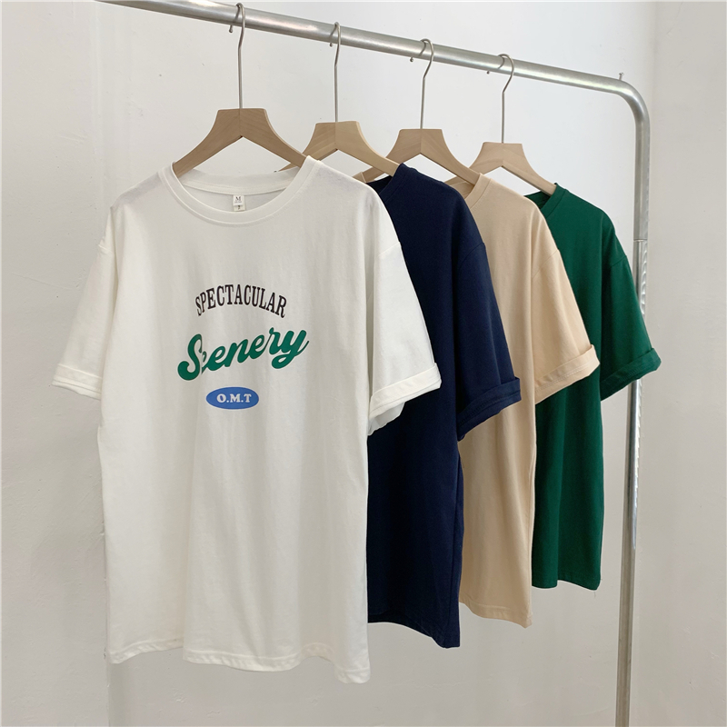 Real shot of 200g pure cotton contrast letter printing American retro loose casual short-sleeved T-shirt for women