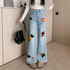 Real shot~With towel embroidered straight jeans for women 2025 spring new high-waisted slim embroidered wide-leg pants