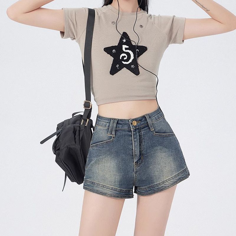 American retro hot girl high waist denim shorts for women in summer new elastic slim fit versatile hip-covered hot pants