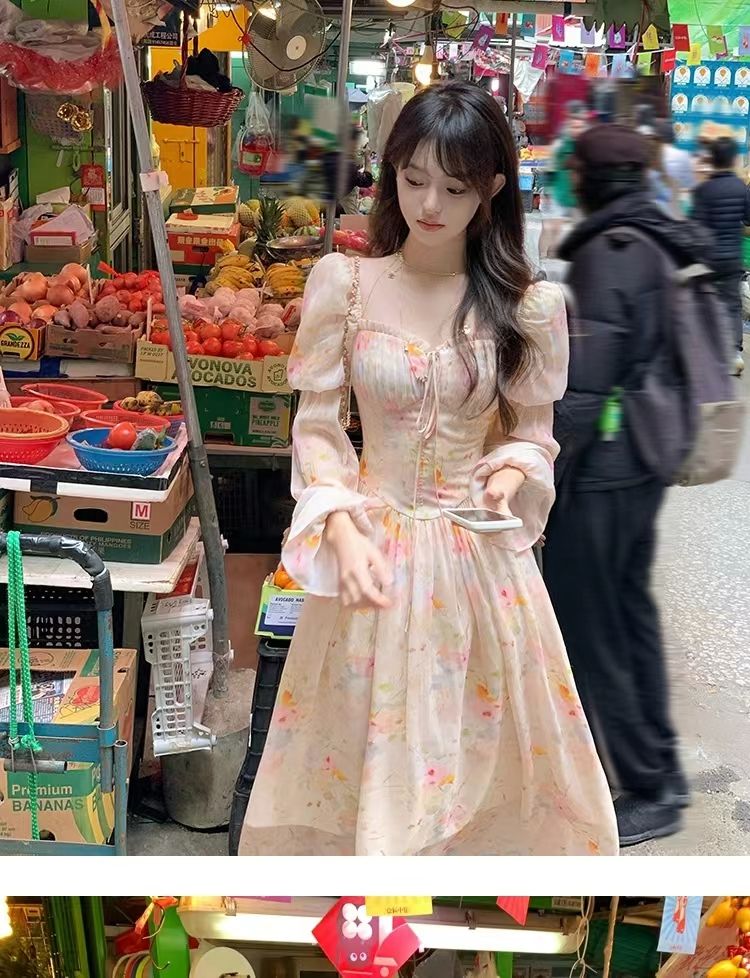 Eve girl/Long square collar puff sleeve floral long sleeve chiffon dress for women spring French skirt