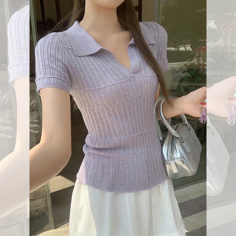 Real shot of 2025 Korean Polo lapel knitted short-sleeved women's summer new style super unique and beautiful slim bodywear