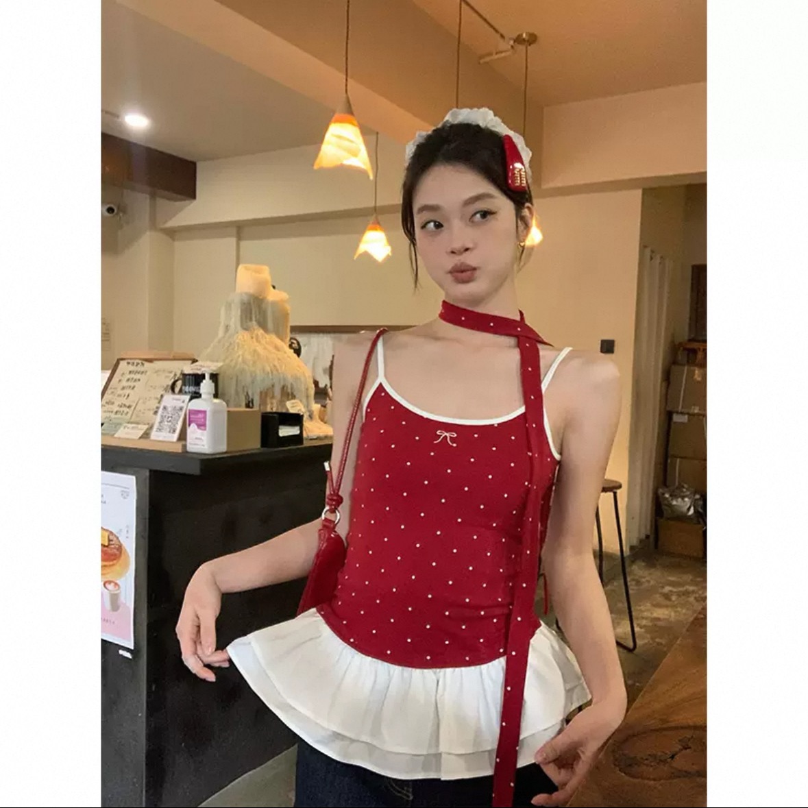 Embroidered contrasting color splicing polka dot suspender vest women pure desire red suspender vest summer slim body suit