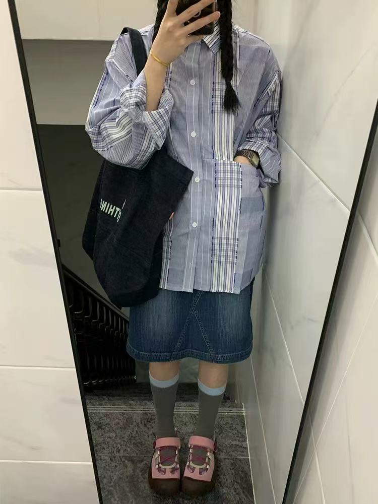 Korean blue striped plaid long-sleeved shirt for women in summer new style super beautiful unique beautiful shirt jacket top