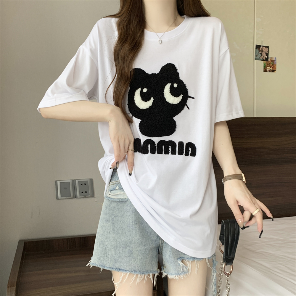 Real shot 32 double yarns 230g 100% cotton short-sleeved T-shirt for women's towel embroidery