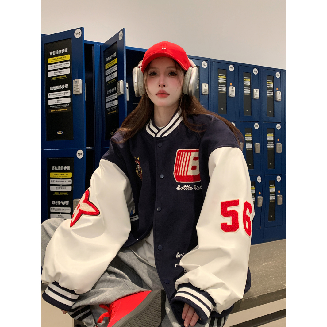 Badge splicing contrasting color baseball uniform jacket men and women American retro trend versatile loose jacket top