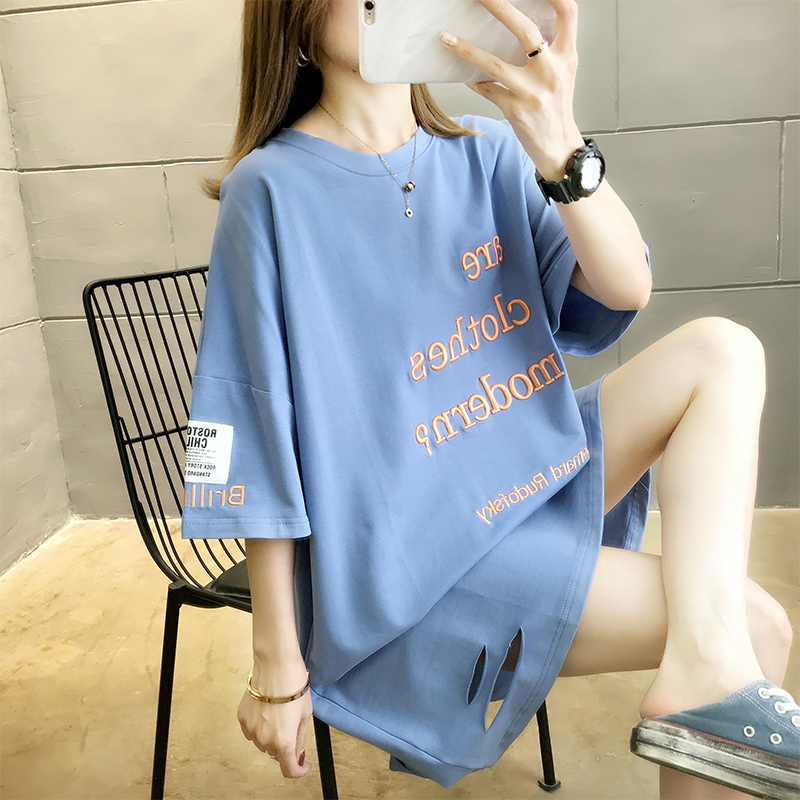 實拍 6535棉中長款刺繡2025新款韓版短袖t恤女大碼上衣