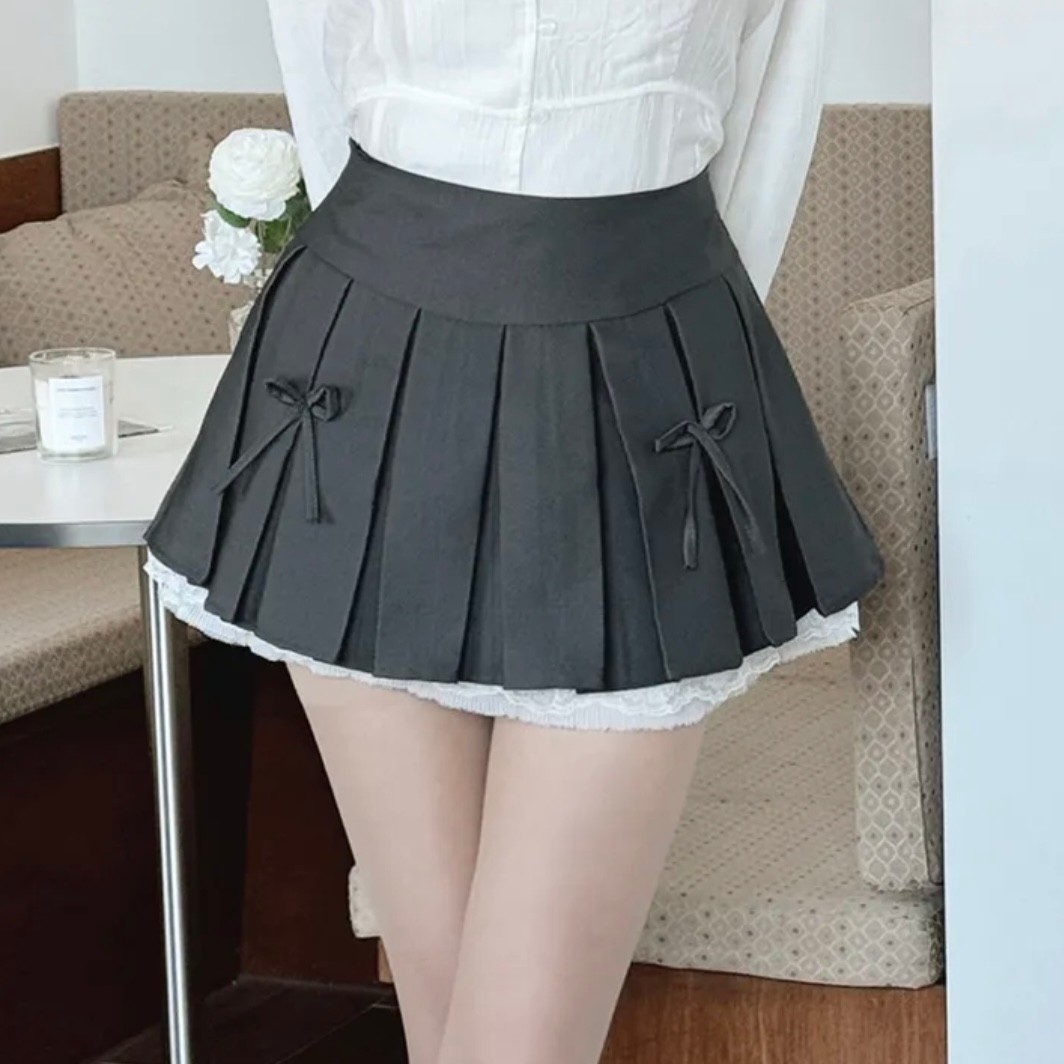 Korean chic new design pleated skirt lace lace spliced ​​A-line skirt